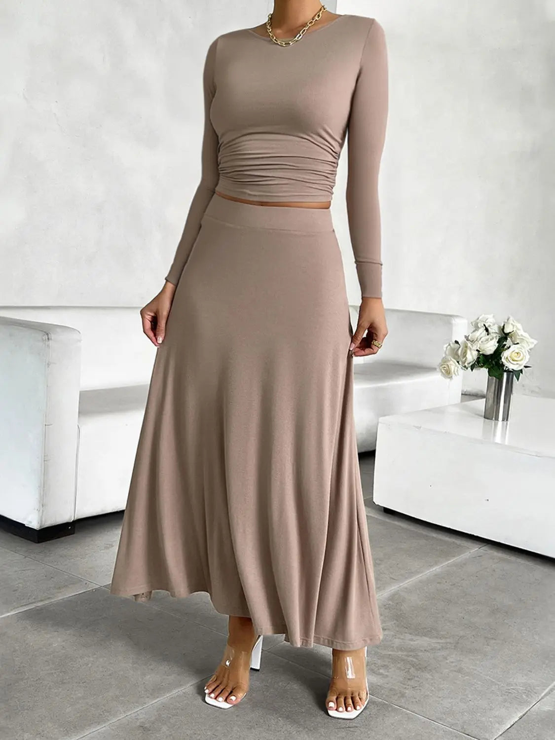 Devine Round Neck Long Sleeve Top and Skirt Set Trendsi