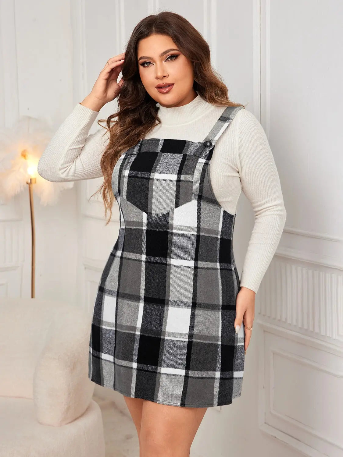 Honey Plus Size Plaid Wide Strap Overall Dress - Aria Bouquet