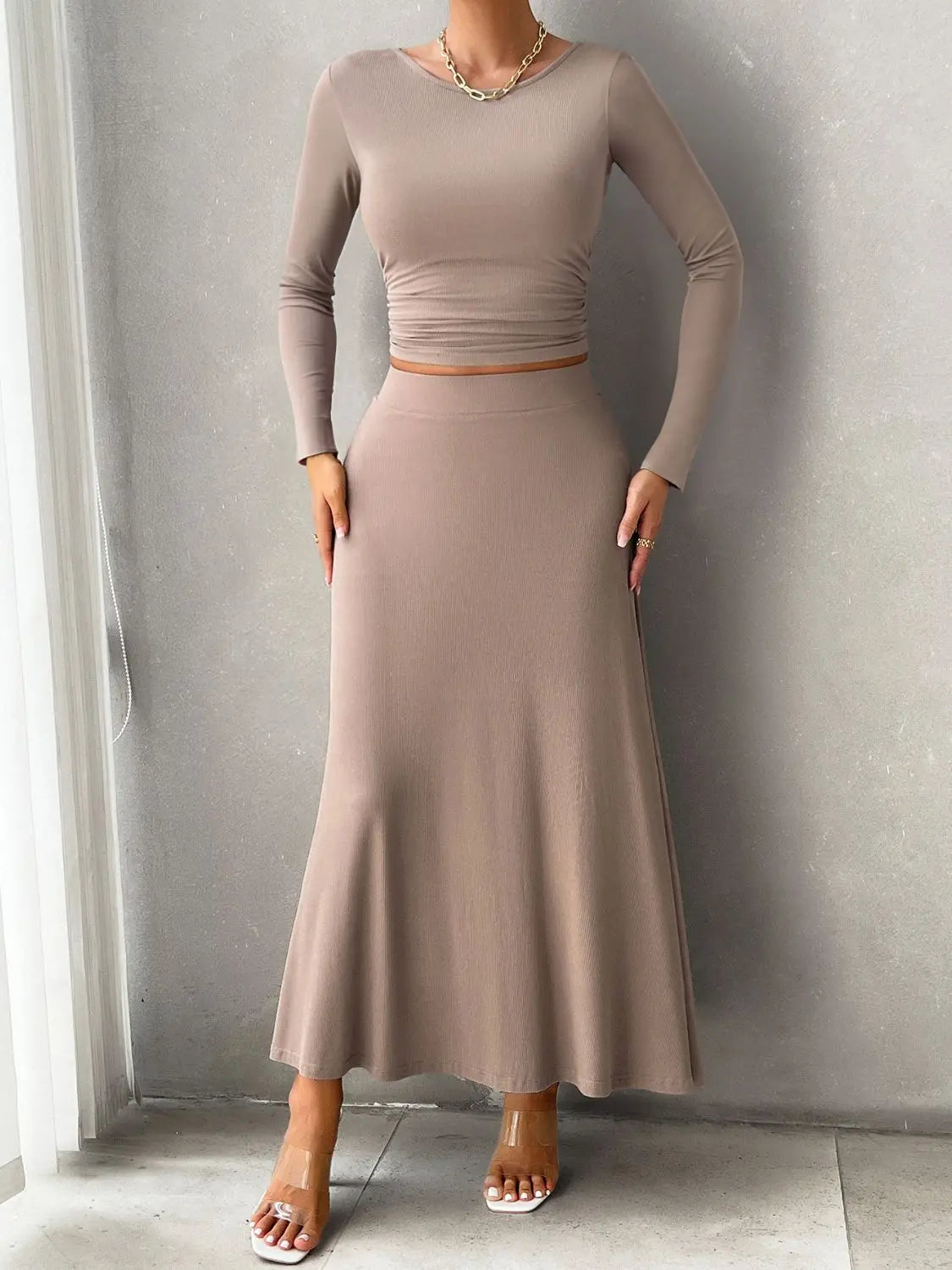 Devine Round Neck Long Sleeve Top and Skirt Set Trendsi