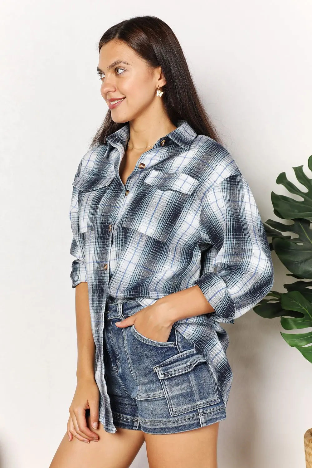 Mandy Plaid Dropped Shoulder Shirt - Aria Bouquet