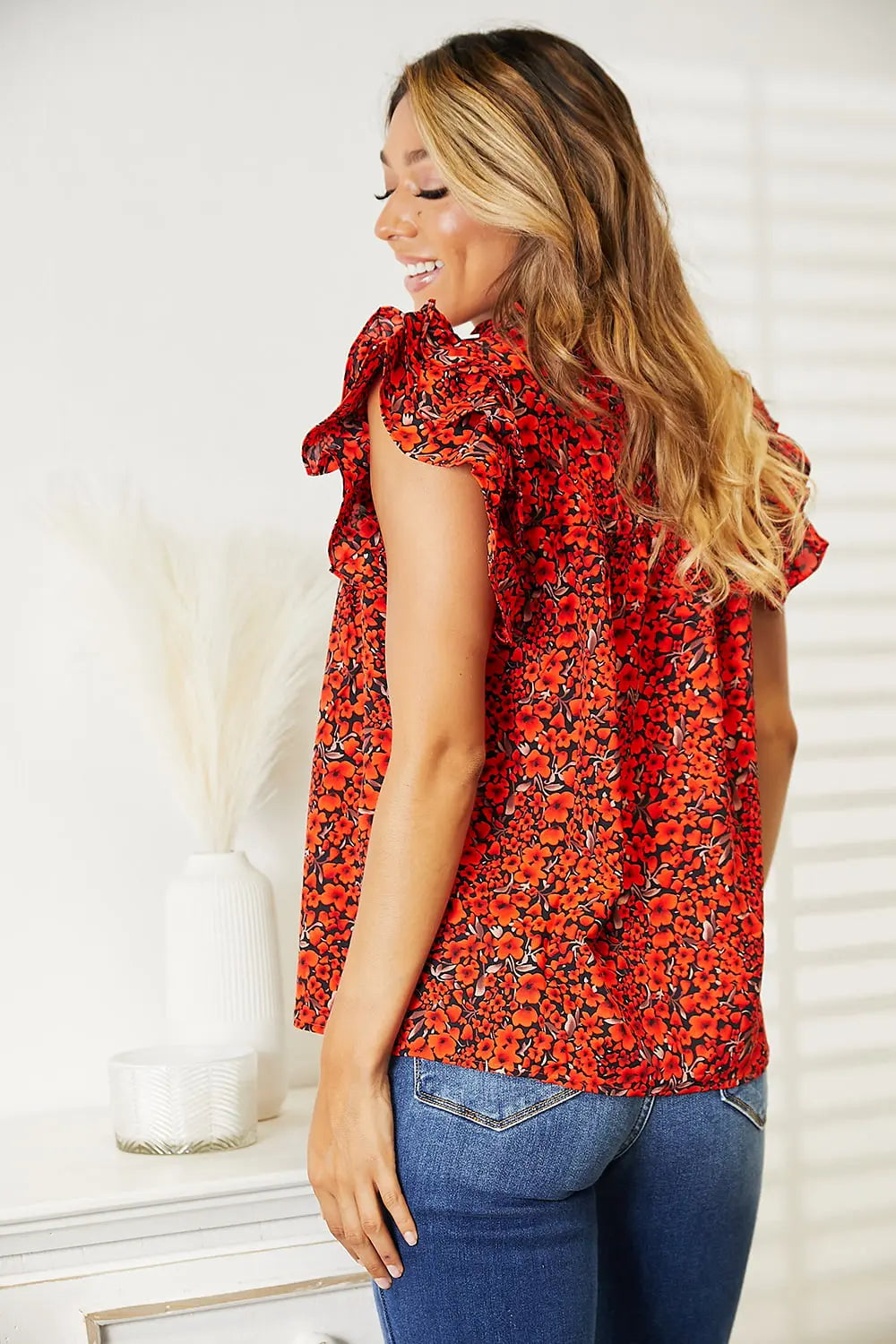 Double Take Floral Flutter Sleeve Notched Neck Blouse - Aria Bouquet