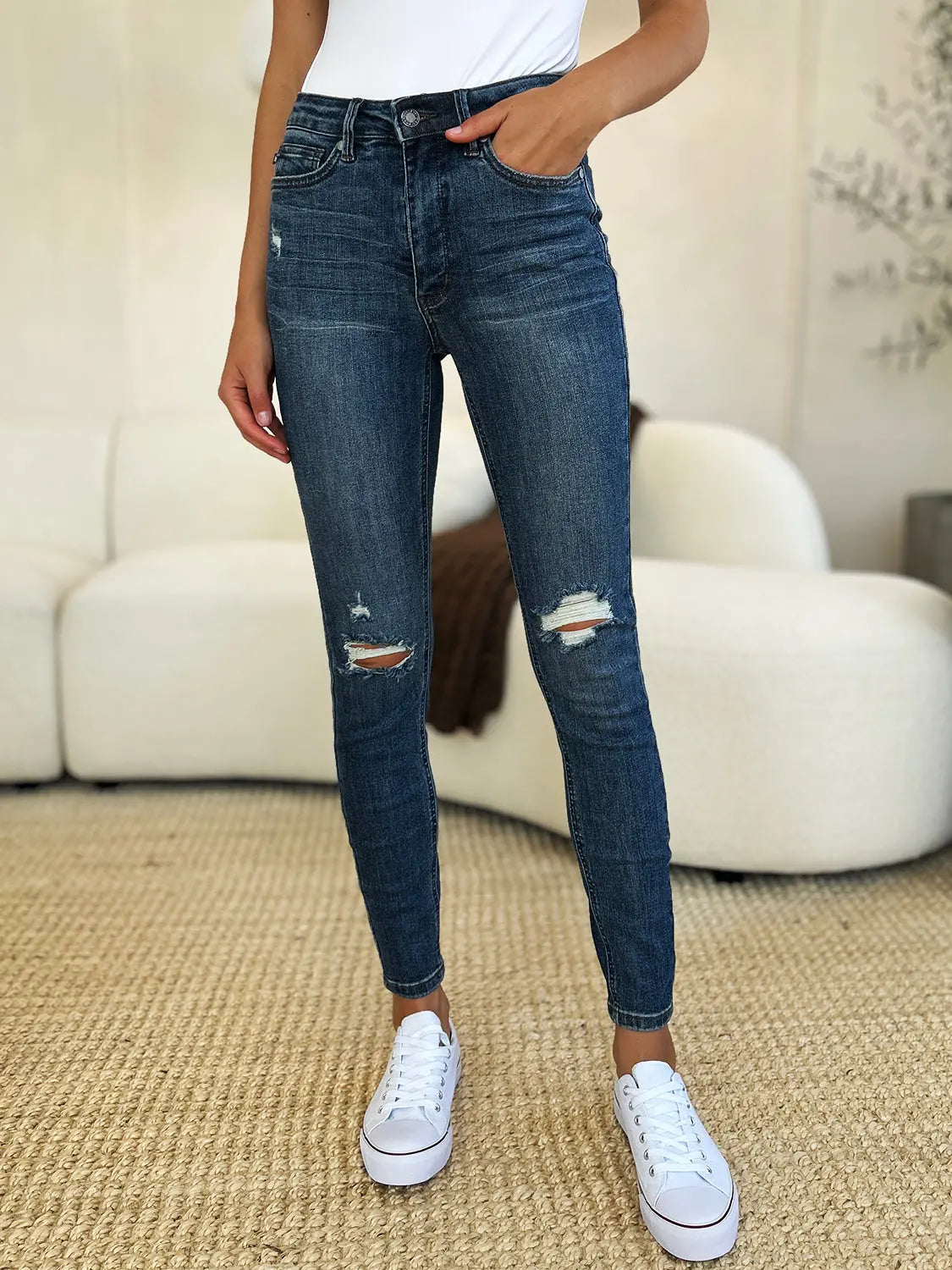 Judy Blue Full Size Mid Waist Distressed Slim Jeans - Aria Bouquet