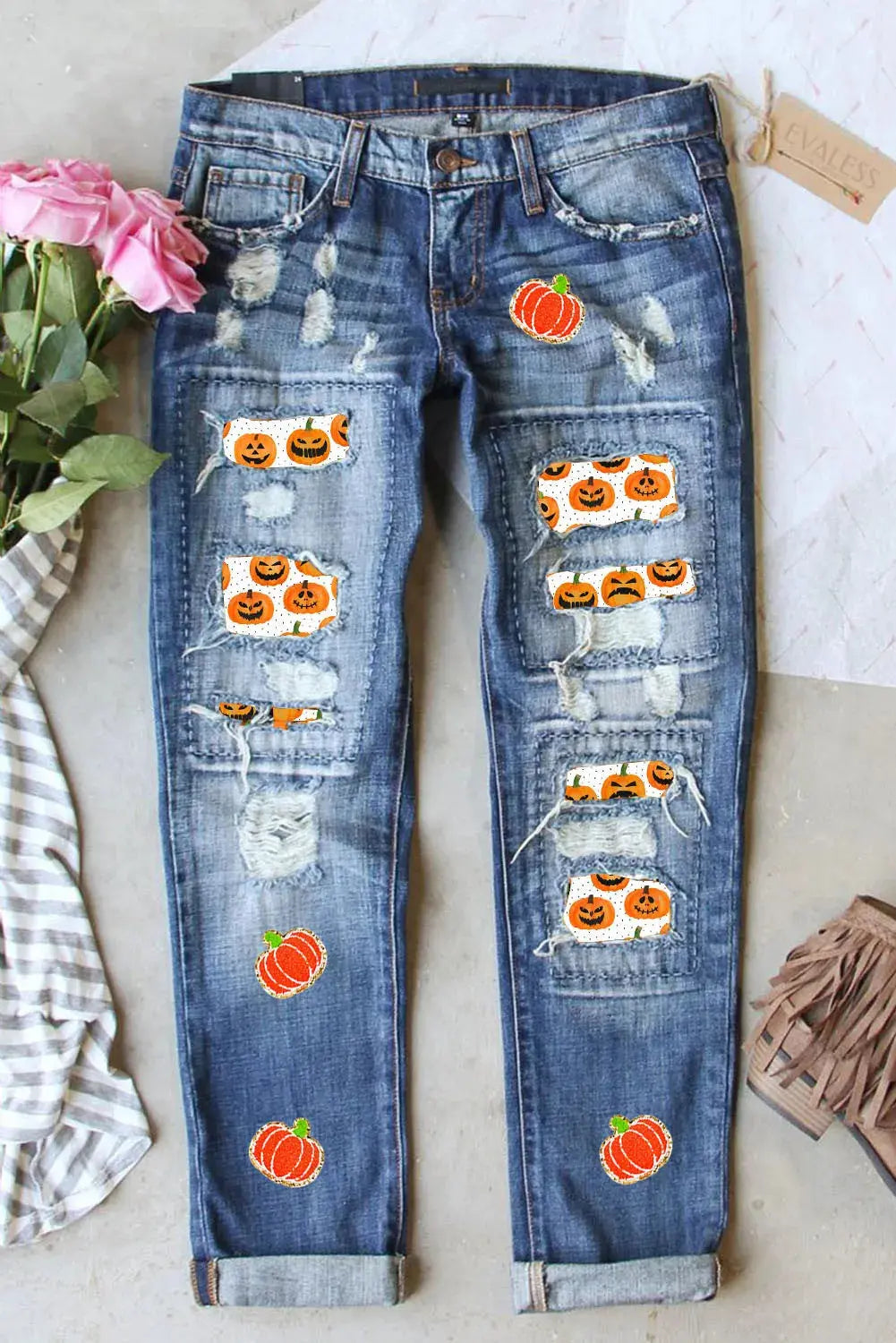 Distressed Pumpkin Jeans with Pockets - Aria Bouquet