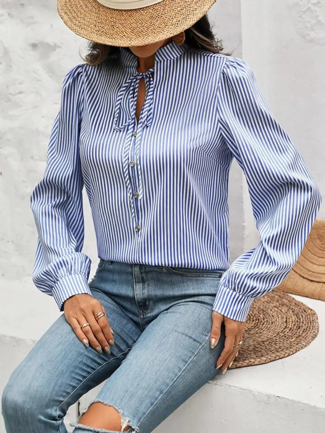 Striped Tie Neck Long Sleeve Blouse - Aria Bouquet