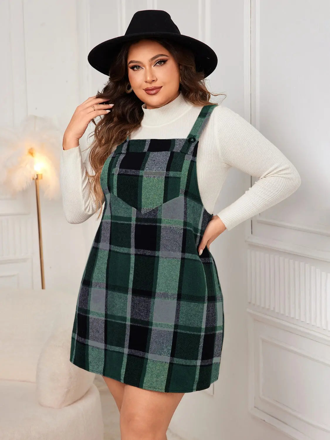 Honey Plus Size Plaid Wide Strap Overall Dress - Aria Bouquet