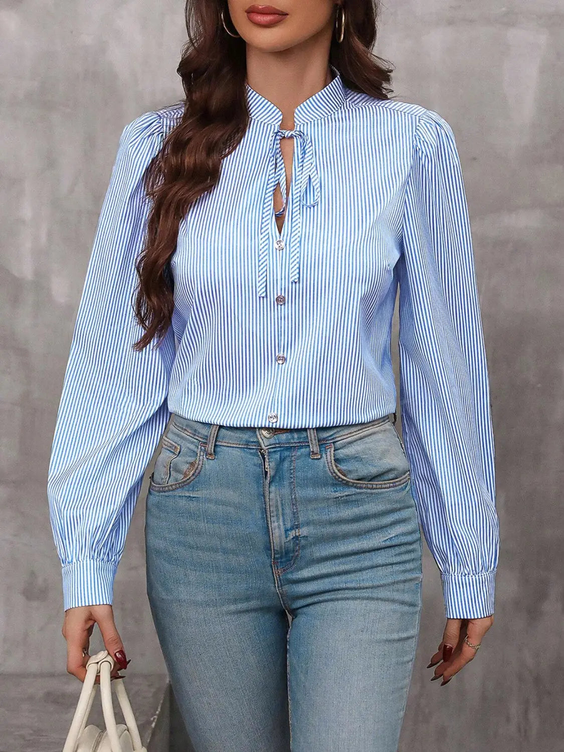 Striped Tie Neck Long Sleeve Blouse - Aria Bouquet