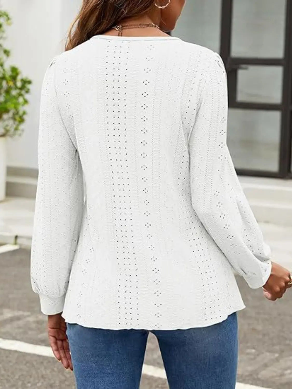 Eyelet Round Neck Long Sleeve Top - Aria Bouquet