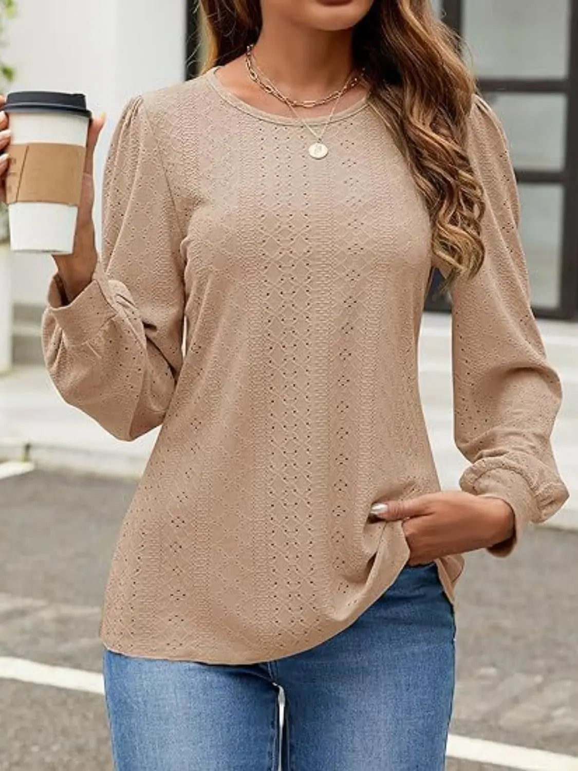 Eyelet Round Neck Long Sleeve Top - Aria Bouquet