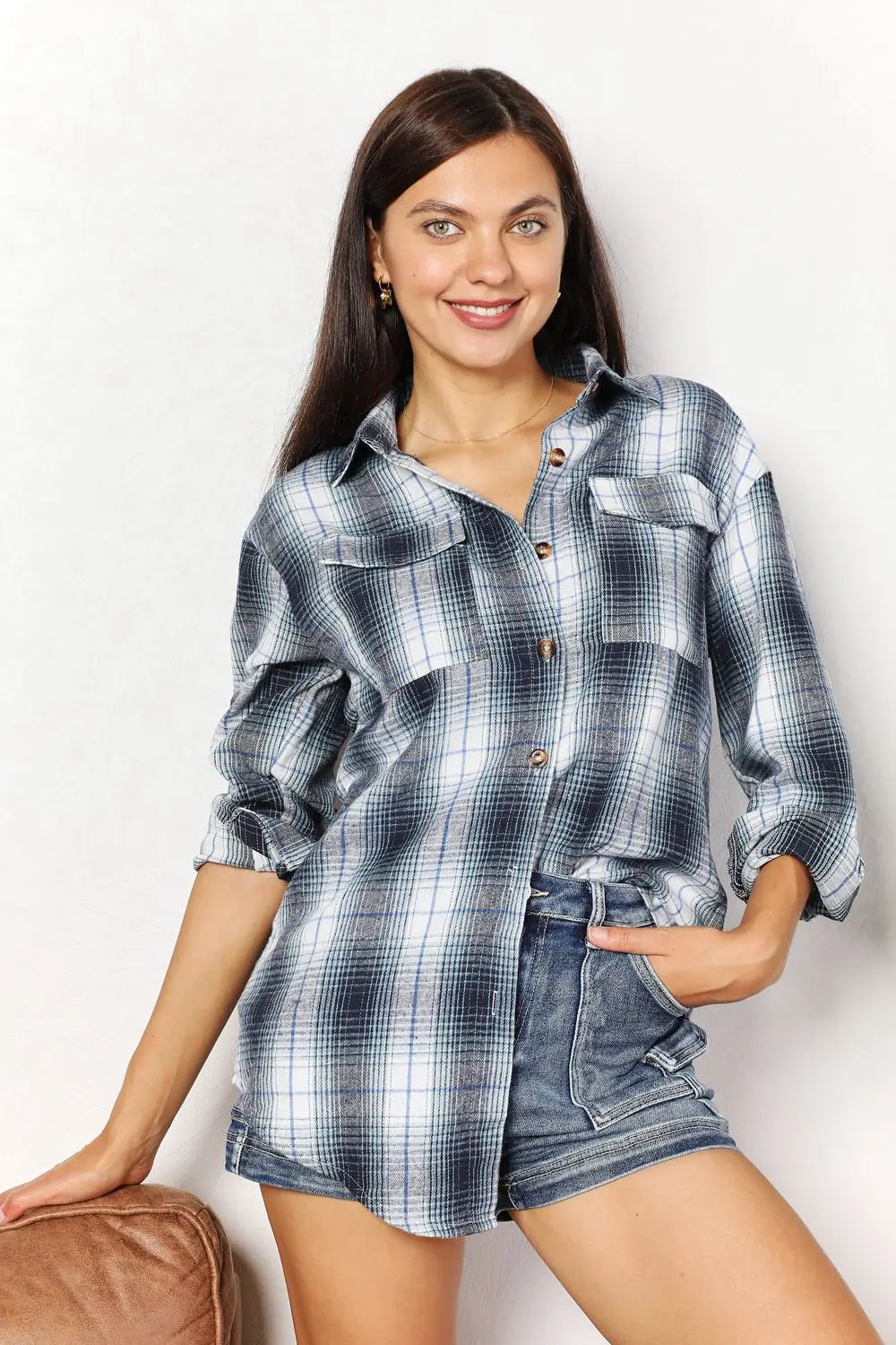 Mandy Plaid Dropped Shoulder Shirt - Aria Bouquet