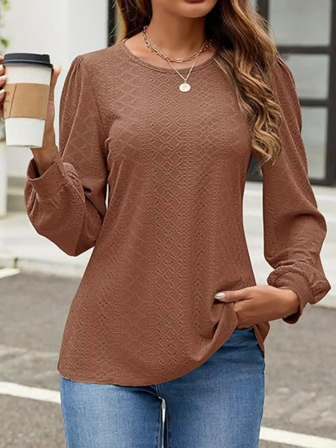 Eyelet Round Neck Long Sleeve Top - Aria Bouquet