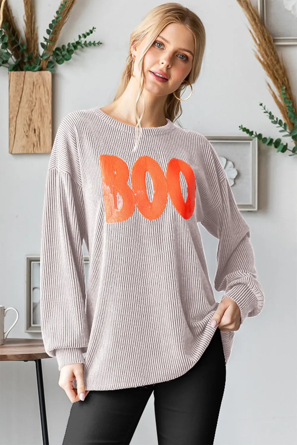 Heimish BOO Round Neck Long Sleeve Ribbed T-Shirt - Aria Bouquet