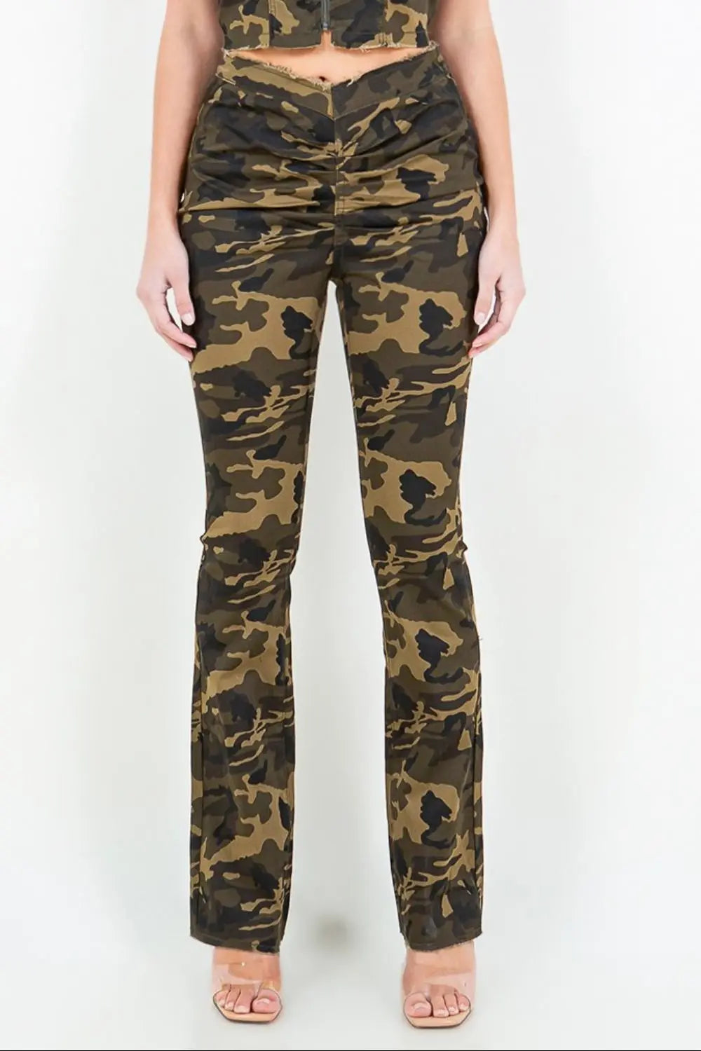 American Bazi V-Cut Ruched Camo Flare Pants - Aria Bouquet