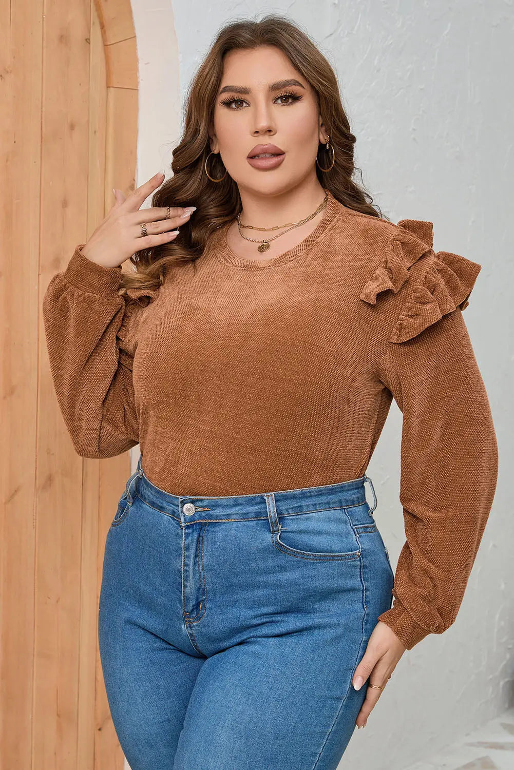 Plus Size Ruffled Round Neck Long Sleeve T-Shirt - Aria Bouquet