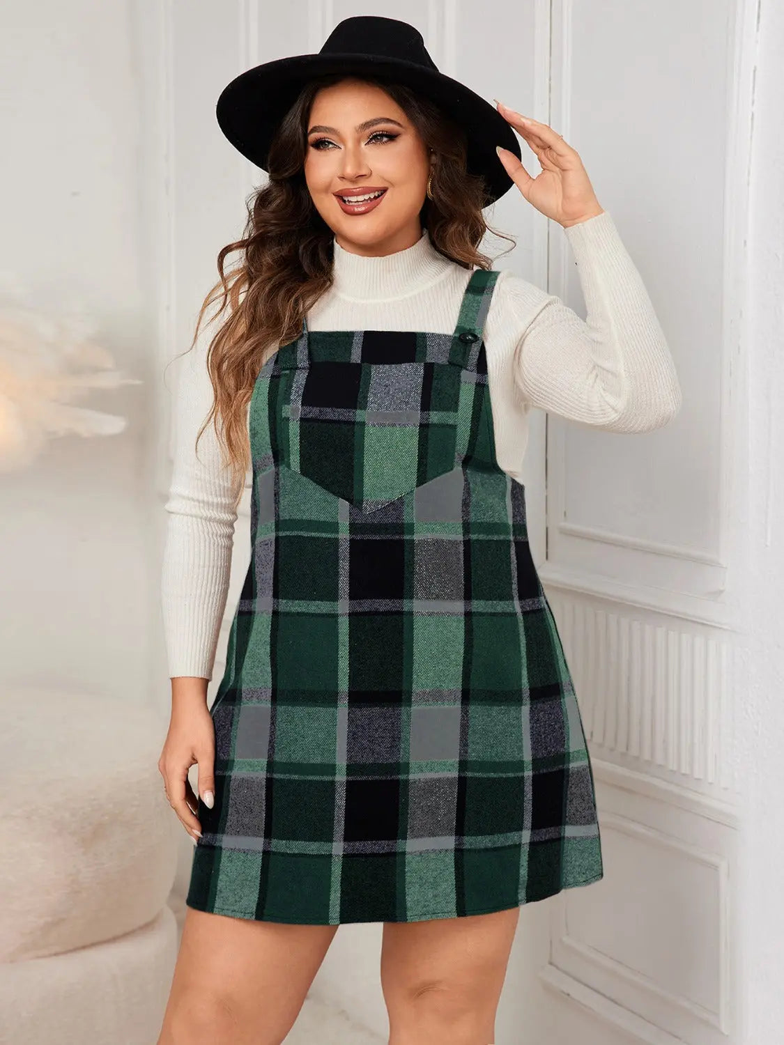 Honey Plus Size Plaid Wide Strap Overall Dress - Aria Bouquet