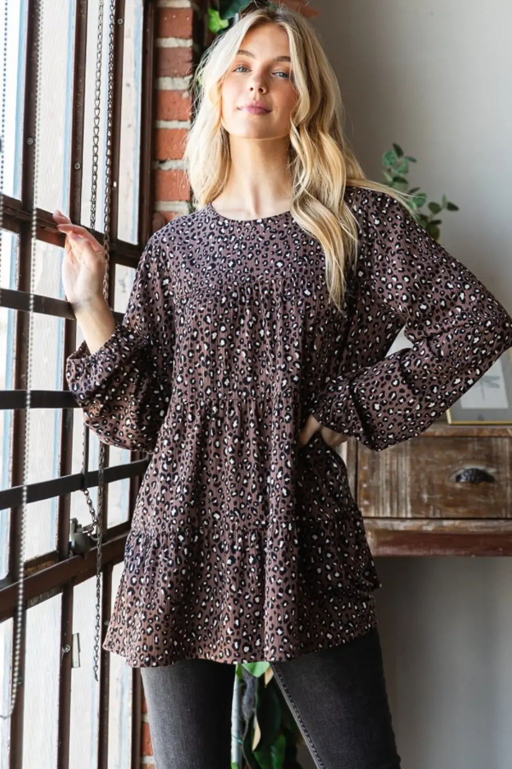 Heimish Leopard  Long Sleeve Tiered Blouse - Aria Bouquet