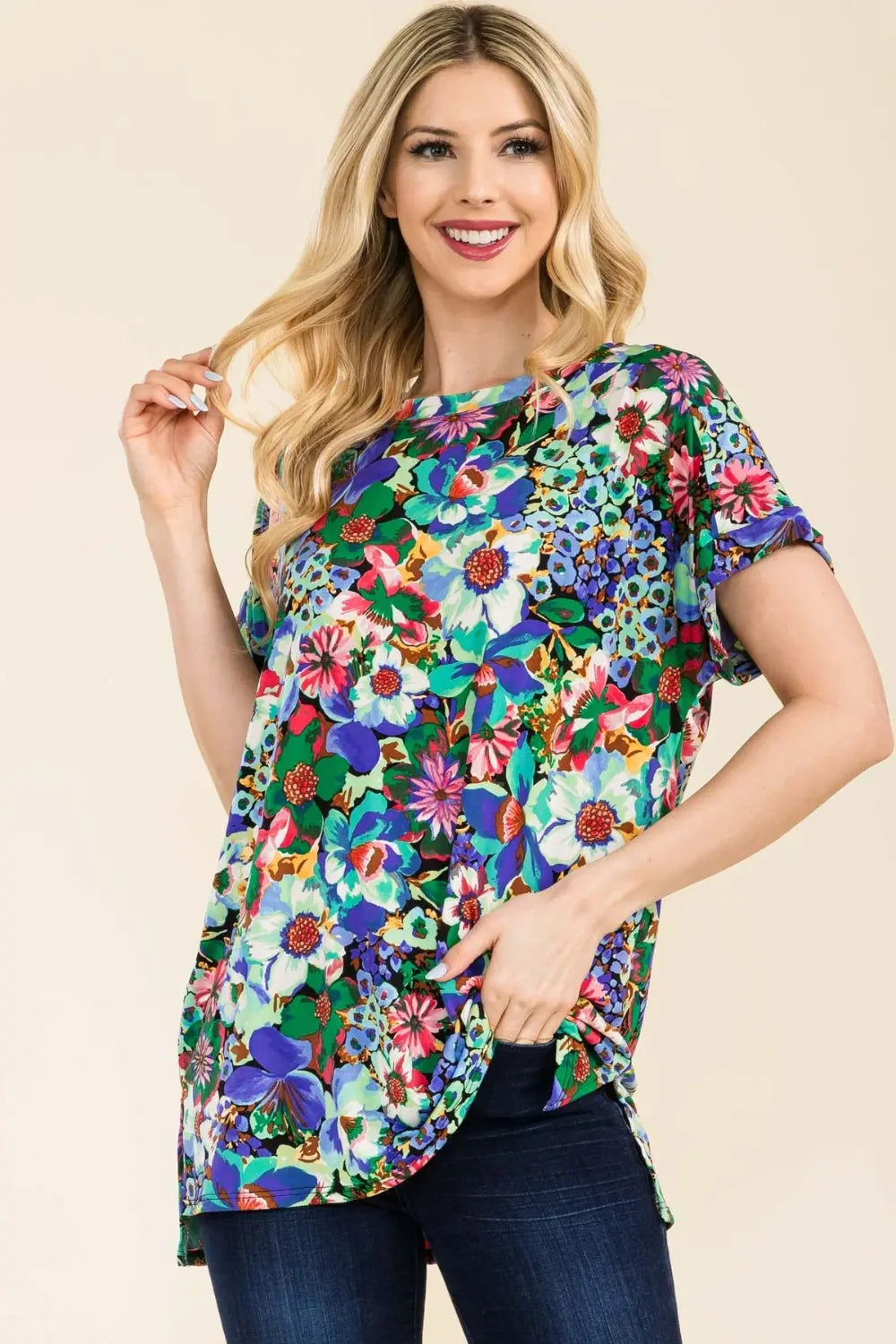 Celeste Full Size Round Neck Short Sleeve Floral T-Shirt - Aria Bouquet