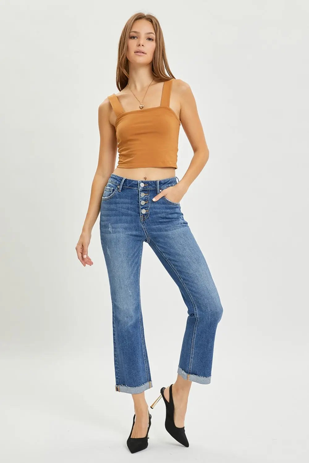 RISEN Full Size Button Fly Cropped Bootcut Jeans - Aria Bouquet