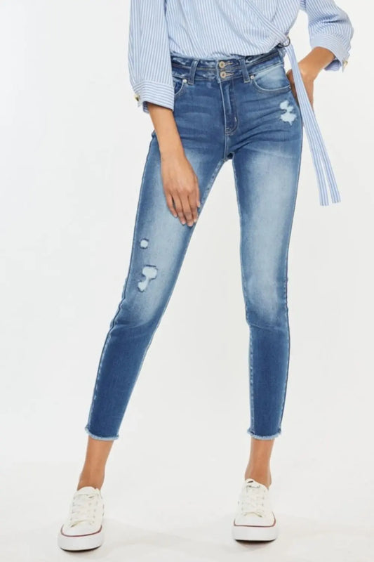 Kancan Distressed Raw Hem High Waist Jeans - Aria Bouquet