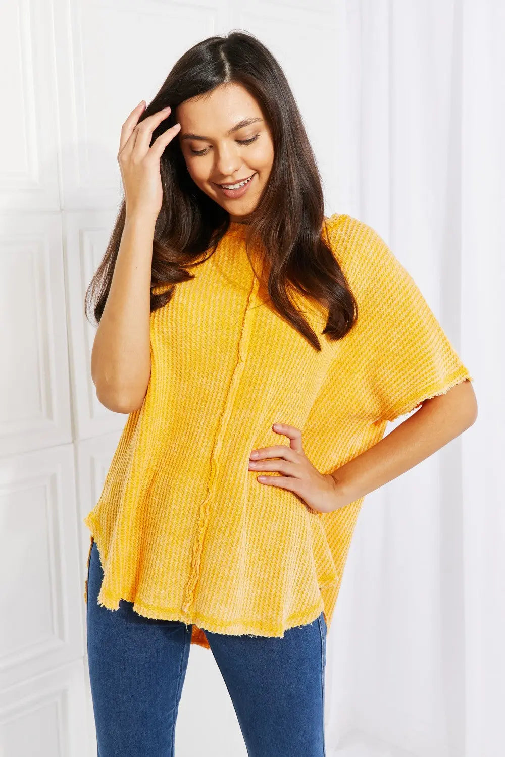 Zenana Start Small Washed Waffle Knit Top in Yellow Gold - Aria Bouquet