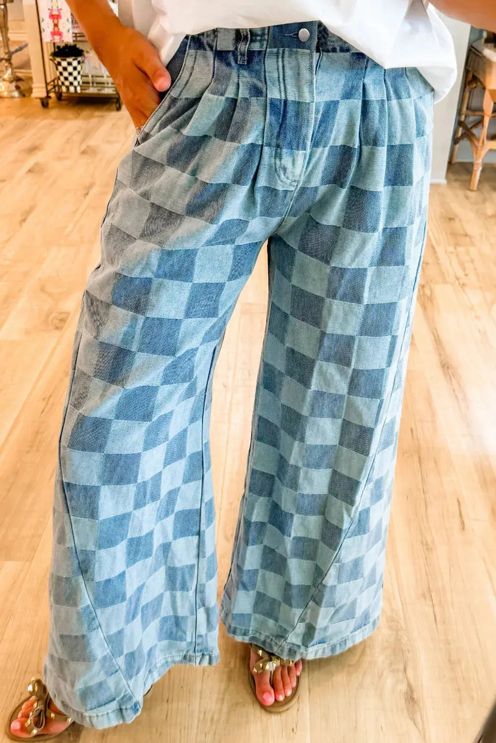 Checkered Wide Leg Jeans with Pockets - Aria Bouquet