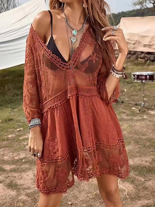 Lace Detail Plunge Cover-Up Dress Trendsi