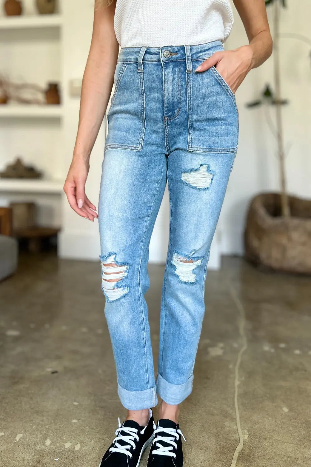 Judy Blue Full Size Distressed Straight Jeans with Patch Pockets - Aria Bouquet