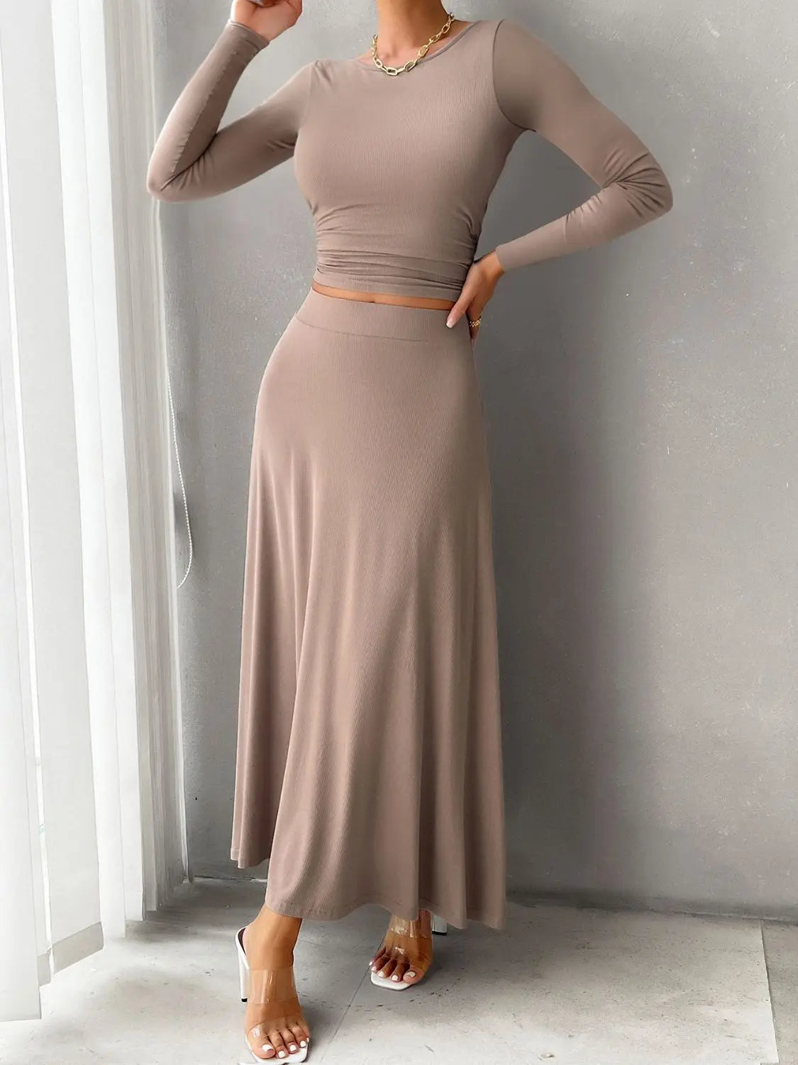 Devine Round Neck Long Sleeve Top and Skirt Set Trendsi