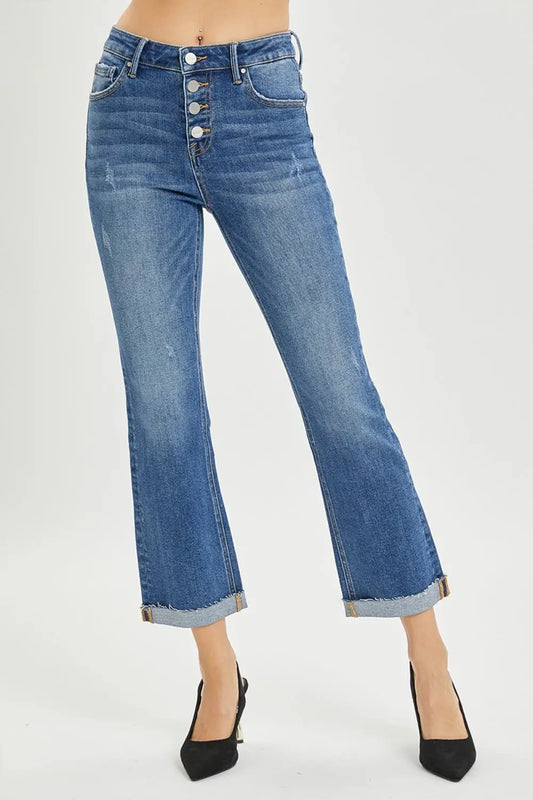 RISEN Full Size Button Fly Cropped Bootcut Jeans - Aria Bouquet