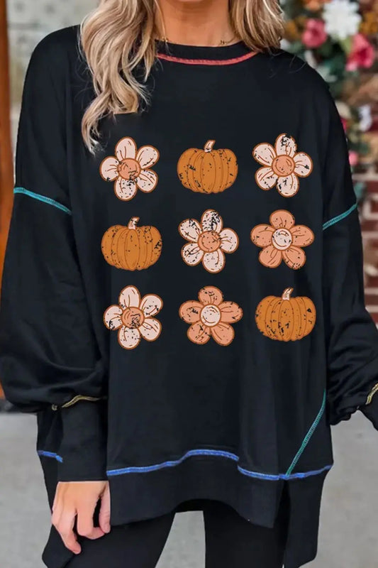 Pumpkin & Flower Graphic Long Sleeve Sweatshirt - Aria Bouquet