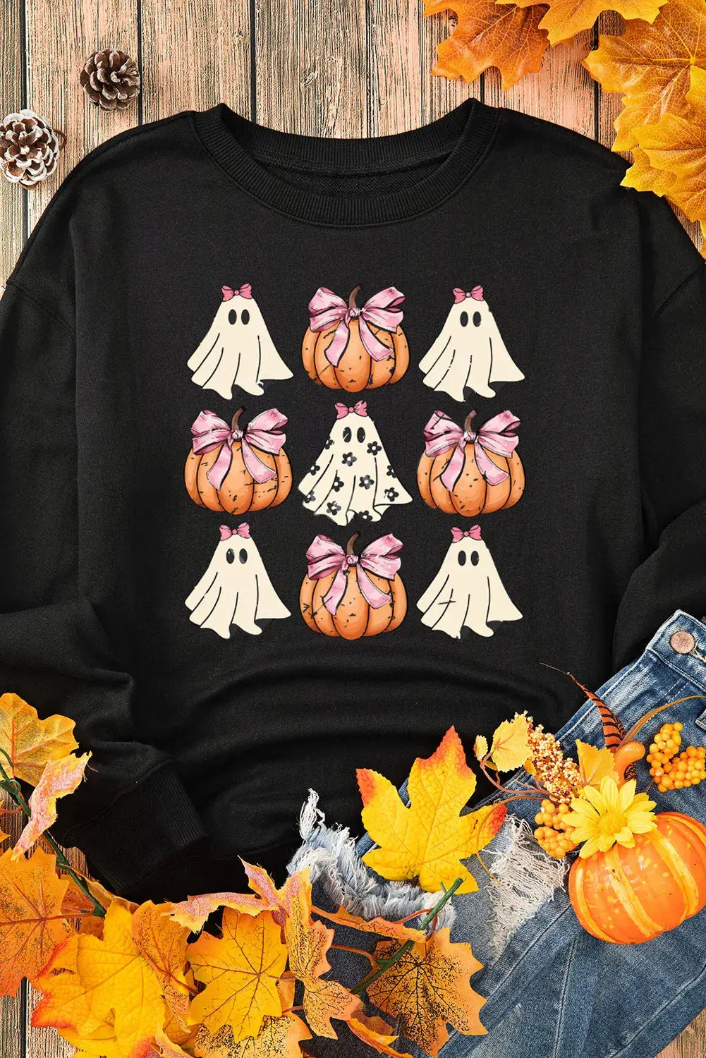 Pumpkin & Ghost Round Neck Long Sleeve Sweatshirt - Aria Bouquet