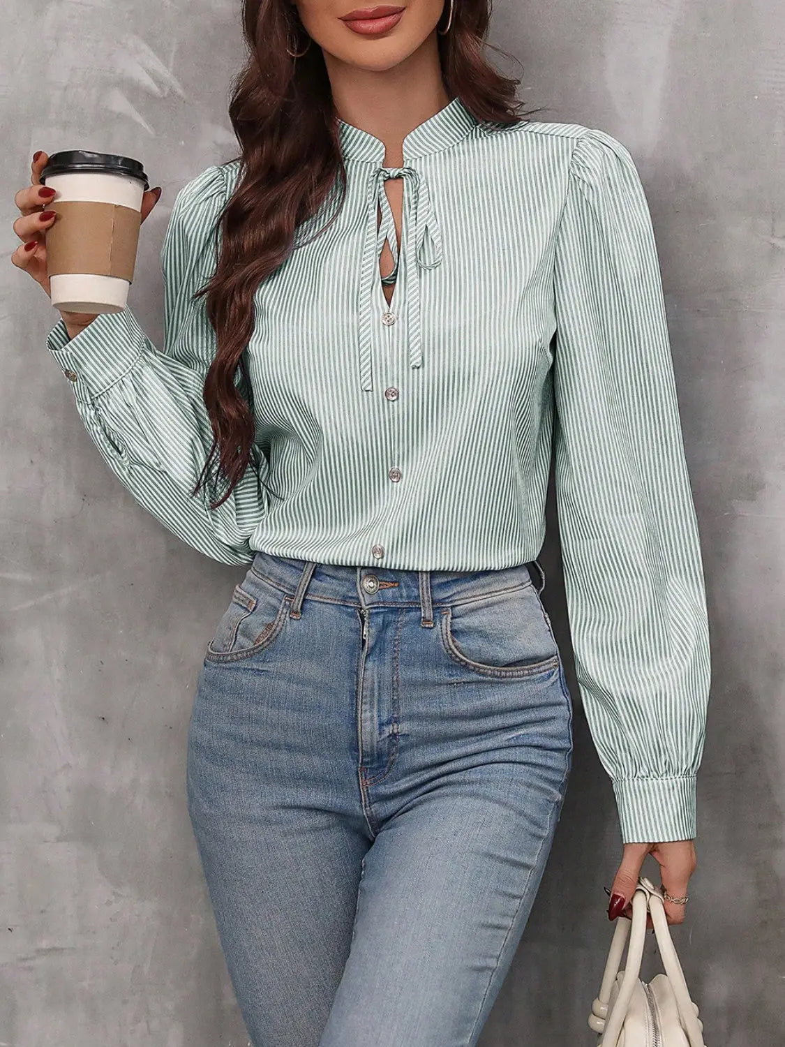 Striped Tie Neck Long Sleeve Blouse - Aria Bouquet