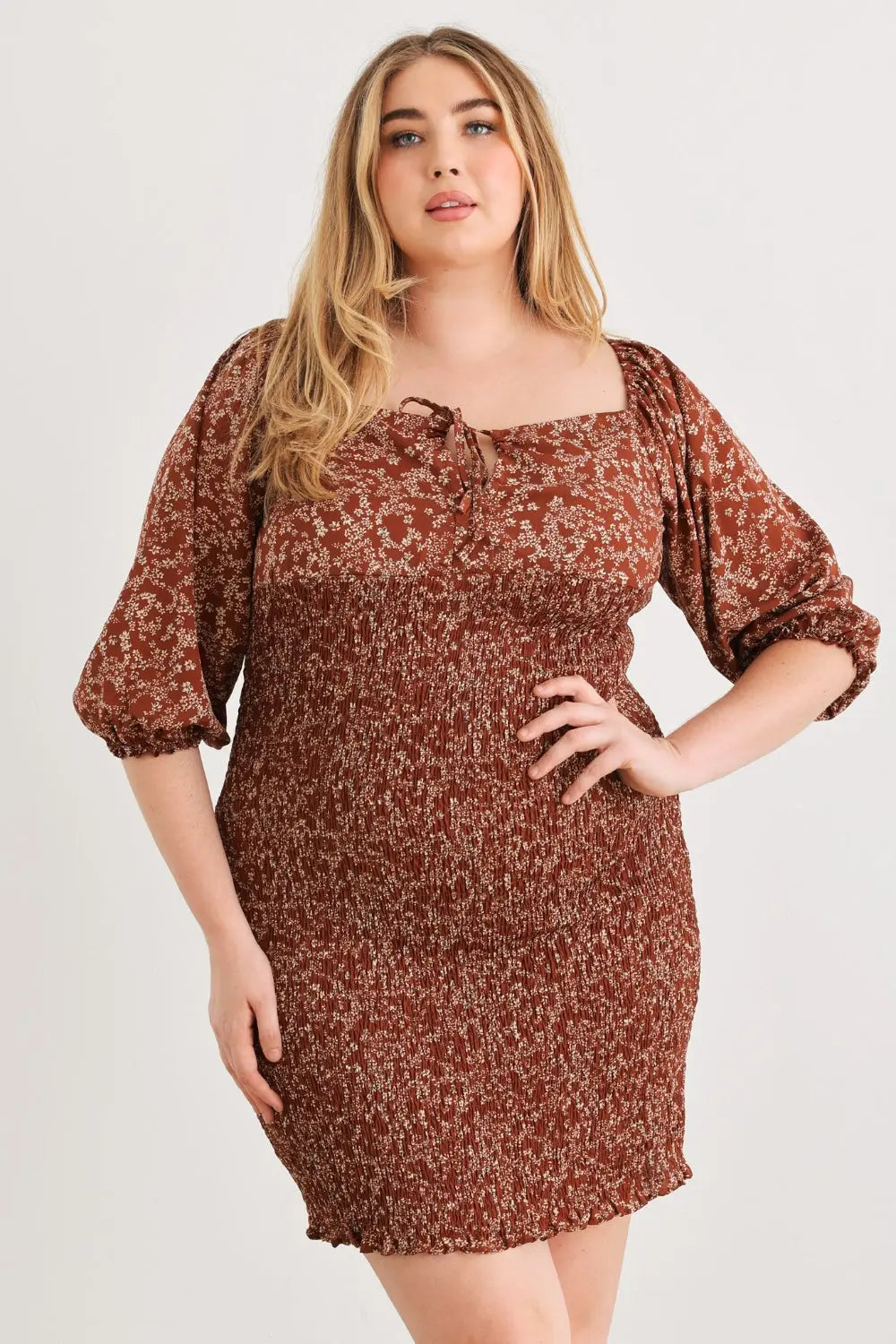 Zenobia Plus Size Smocked Printed Square Neck Mini Dress - Aria Bouquet