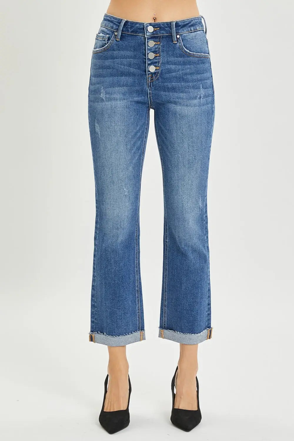 RISEN Full Size Button Fly Cropped Bootcut Jeans - Aria Bouquet