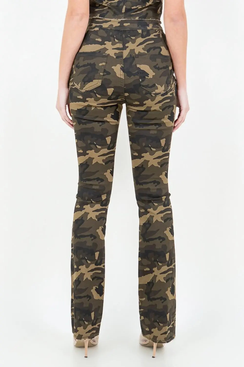 American Bazi V-Cut Ruched Camo Flare Pants - Aria Bouquet