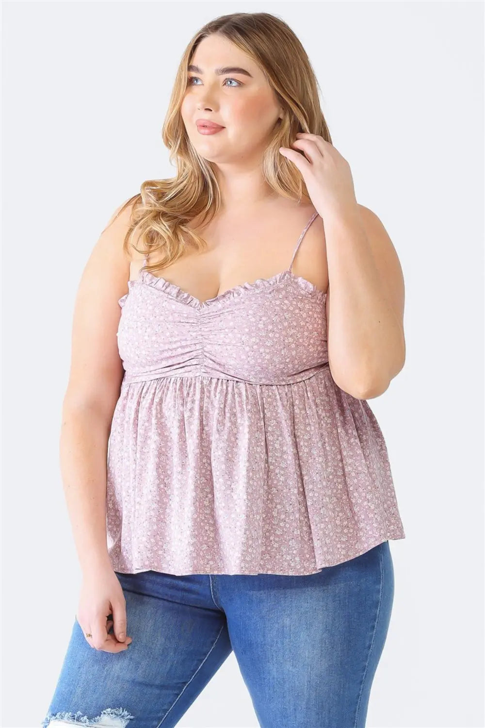 Zenobia Plus Size Frill Smocked Floral Sweetheart Neck Cami - Aria Bouquet