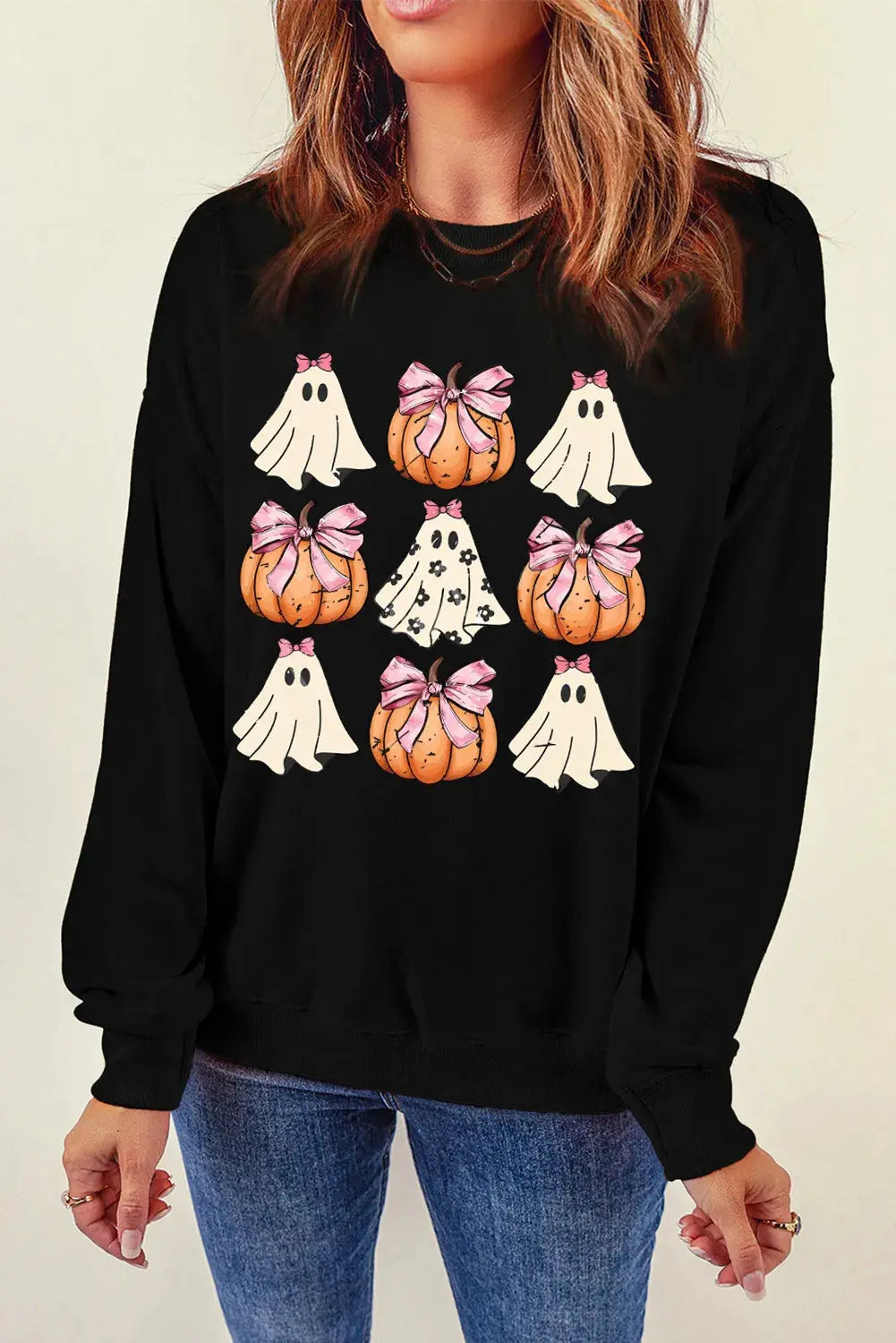 Pumpkin & Ghost Round Neck Long Sleeve Sweatshirt - Aria Bouquet