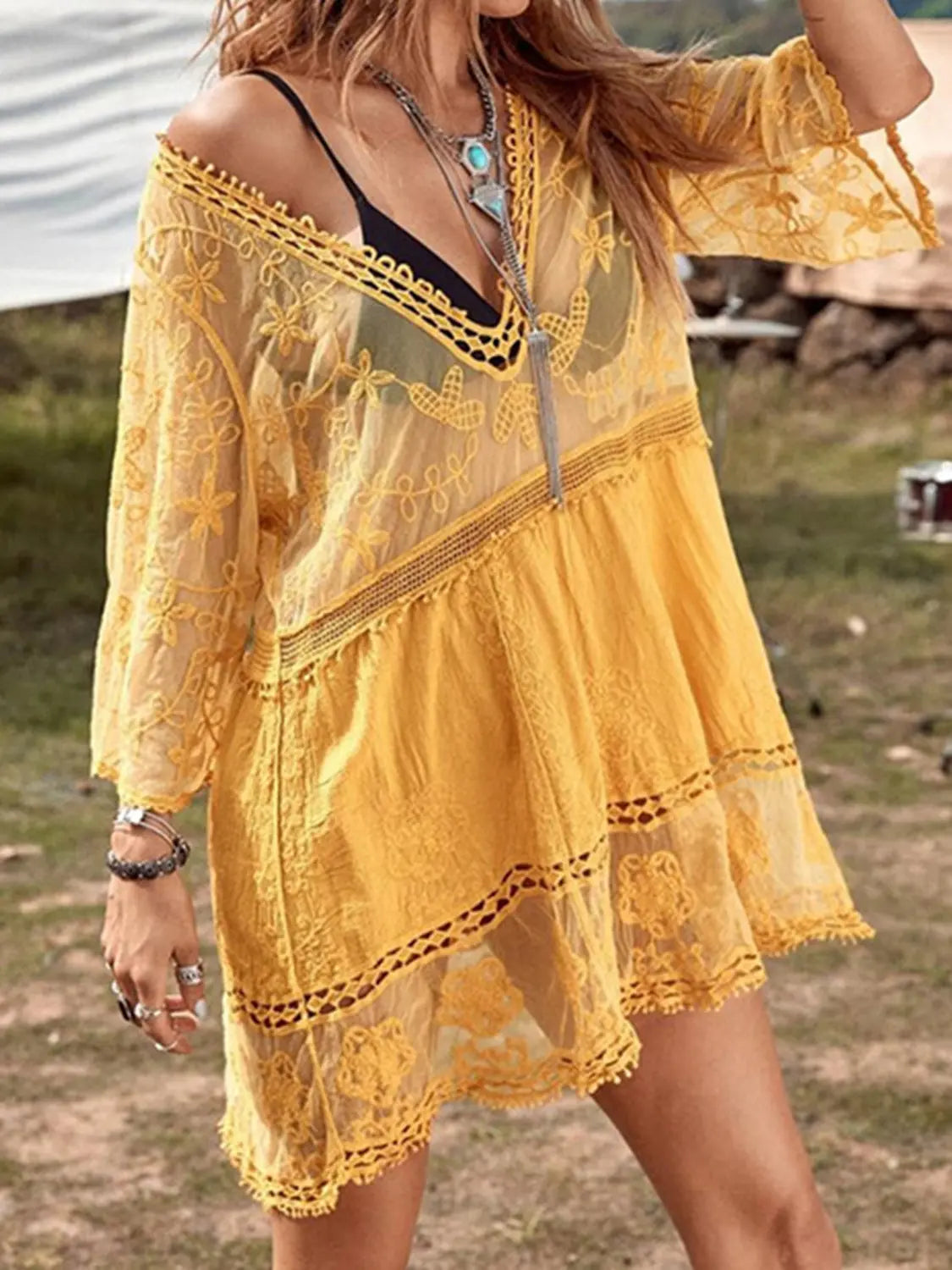 Lace Detail Plunge Cover-Up Dress Trendsi