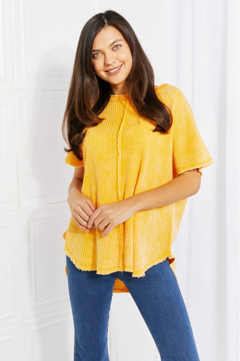 Zenana Start Small Washed Waffle Knit Top in Yellow Gold - Aria Bouquet