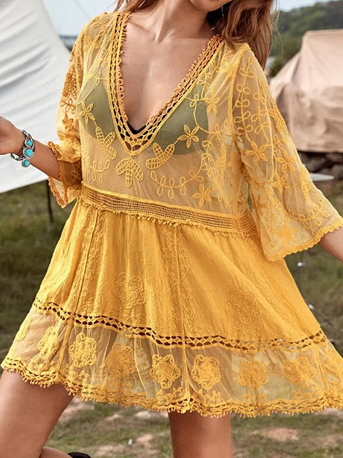 Lace Detail Plunge Cover-Up Dress Trendsi