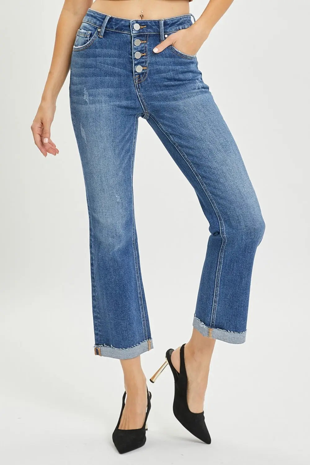 RISEN Full Size Button Fly Cropped Bootcut Jeans - Aria Bouquet