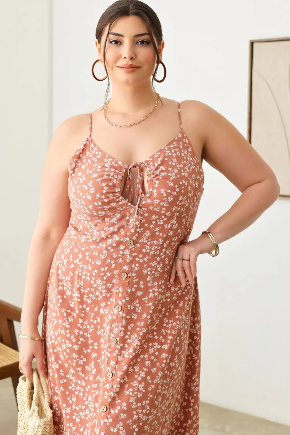 Zenobia Plus Size Cutout Floral Spaghetti Strap Dress - Aria Bouquet