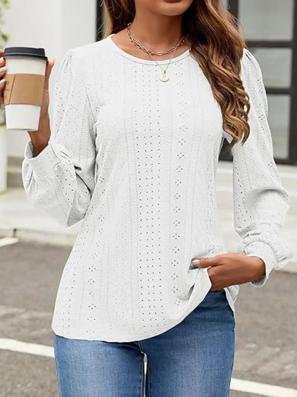 Eyelet Round Neck Long Sleeve Top - Aria Bouquet