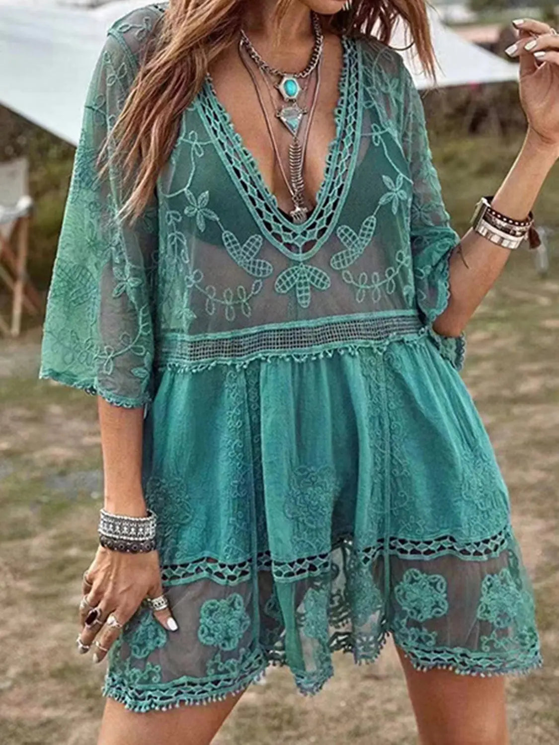 Lace Detail Plunge Cover-Up Dress Trendsi