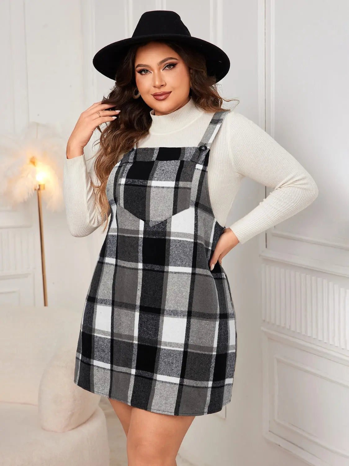 Honey Plus Size Plaid Wide Strap Overall Dress - Aria Bouquet