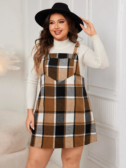 Honey Plus Size Plaid Wide Strap Overall Dress - Aria Bouquet