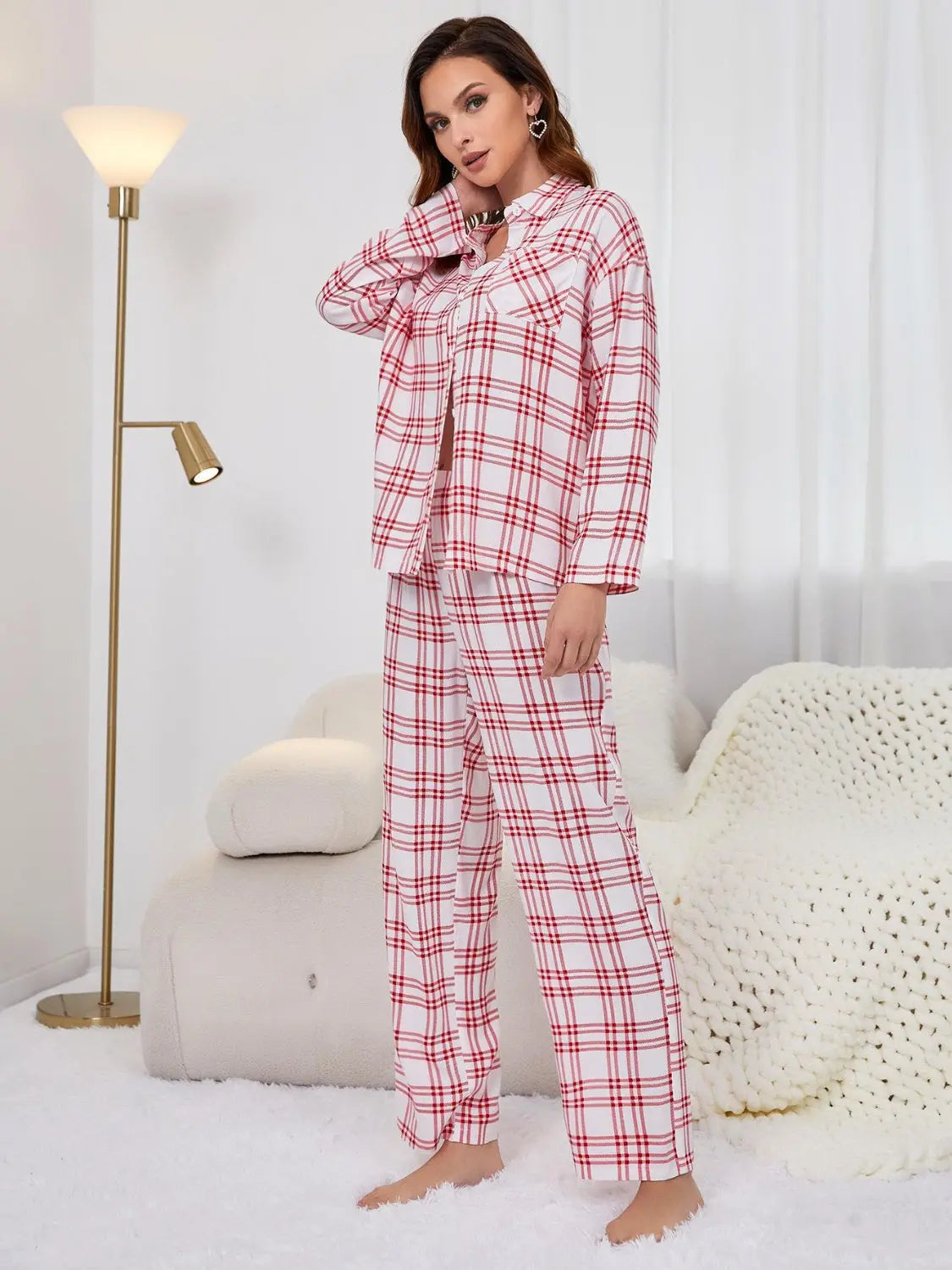 Plaid Collared Neck Long Sleeve Top and Pants Lounge Set Trendsi