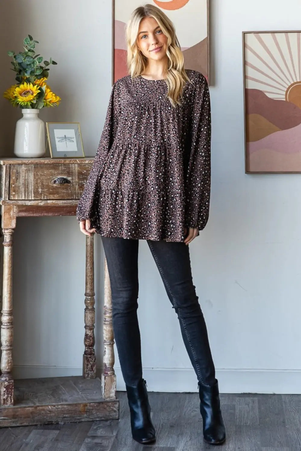 Heimish Leopard  Long Sleeve Tiered Blouse - Aria Bouquet