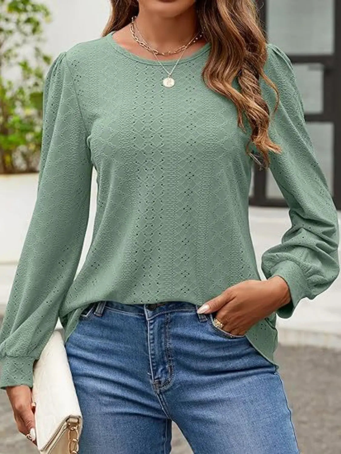 Eyelet Round Neck Long Sleeve Top - Aria Bouquet