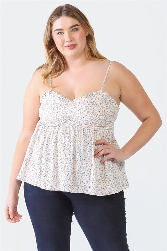 Zenobia Plus Size Frill Smocked Floral Sweetheart Neck Cami - Aria Bouquet