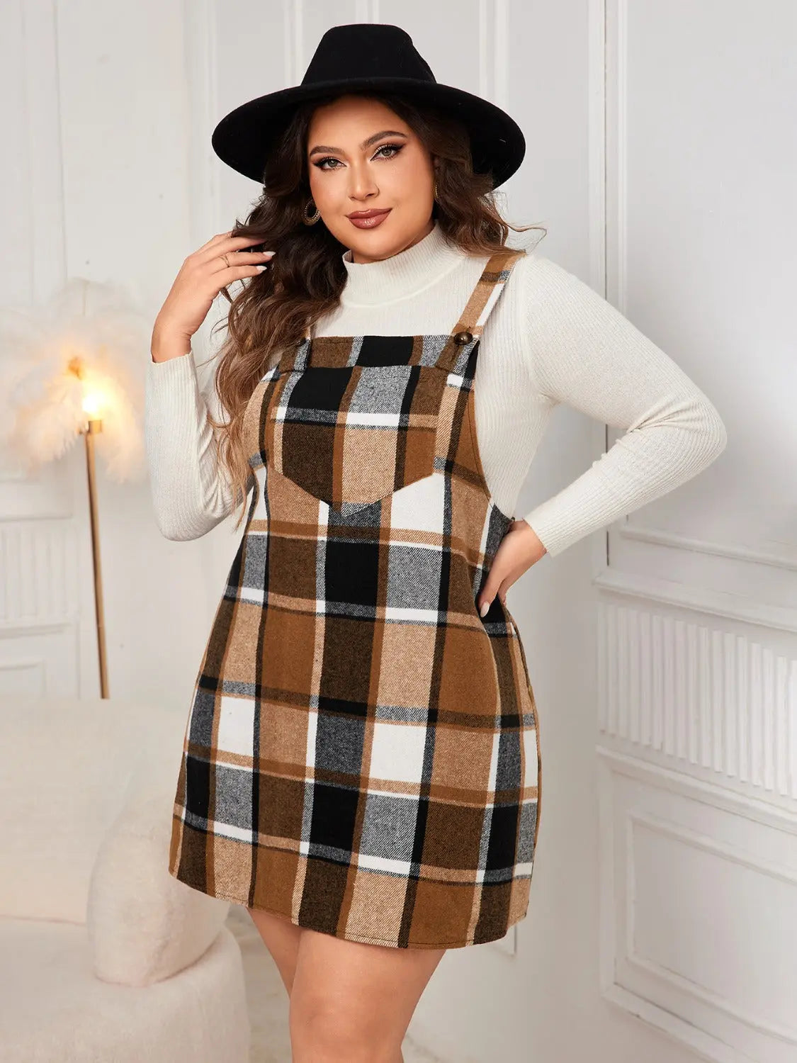 Honey Plus Size Plaid Wide Strap Overall Dress - Aria Bouquet